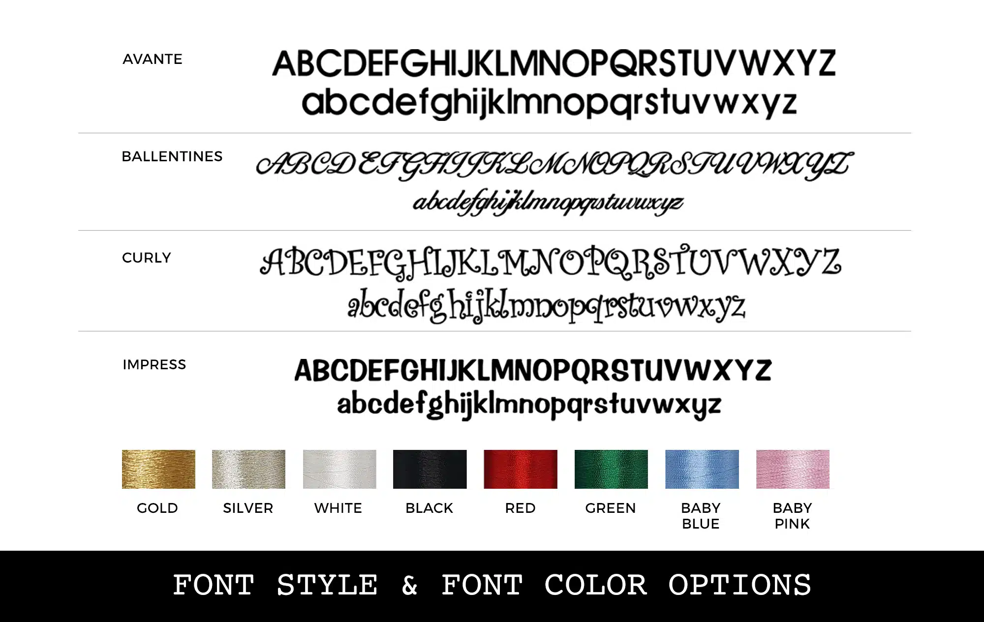Font styles and the eight thread colors available on personalized Christmas stockings: gold, silver, white, black, red, green, baby blue and baby pink